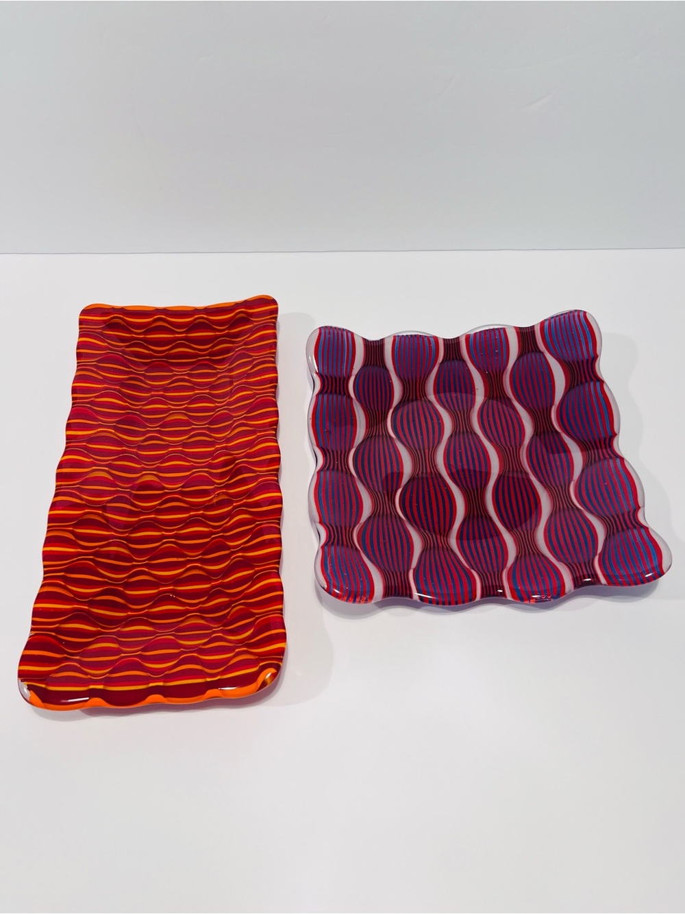 Retro Pop Optic Fused Glass Bowls Trays Set of 2
